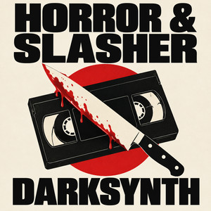Horror and Slasher Darksynth cover: a VHS cassette and bloodied knife against a cream background and red circle